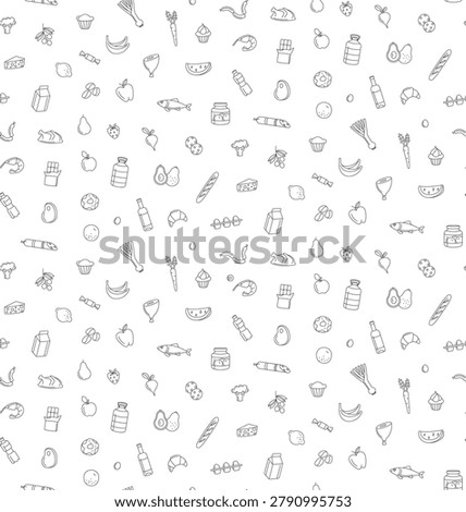 Food and grocery doodle seamless pattern with fresh fruits, vegetables, bakery items, drinks and kitchen essentials. Line art for food brands, grocery stores and packaging. Vector illustration