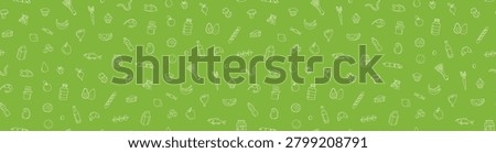 Food and grocery doodle seamless pattern with fresh fruits, vegetables, bakery items, drinks and kitchen essentials. Line art for food brands, grocery stores and packaging. Vector illustration
