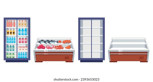 Food grocery product refrigerator empty and full concept. Vector cartoon graphic design element illustration