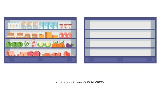 Food grocery product refrigerator empty and full concept. Vector cartoon graphic design element illustration