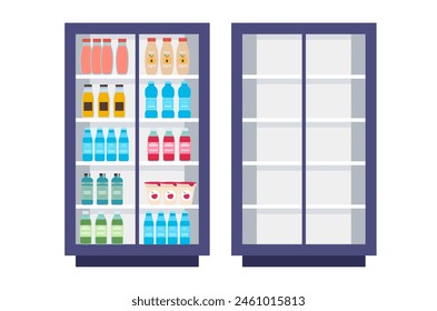 Food grocery product refrigerator empty and full concept. Vector cartoon graphic design element illustration