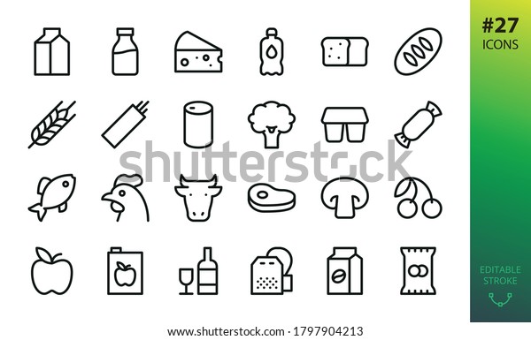 Food and grocery store icons set. Set of gastronomy\
food, kefir pack, milk bottle, cow head, meat steak, crisps,\
snacks, wheat bread, loaf, tea bag, coffee pack, apple juice\
isolated vector icon
