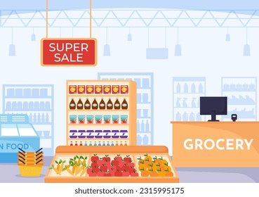 Food Grocery Store Shopping Vector Illustration with Foods Items and Products Assortiment on the Supermarket in Flat Cartoon Hand Drawn Templates