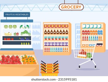 Food Grocery Store Shopping Vector Illustration with Foods Items and Products Assortiment on the Supermarket in Flat Cartoon Hand Drawn Templates