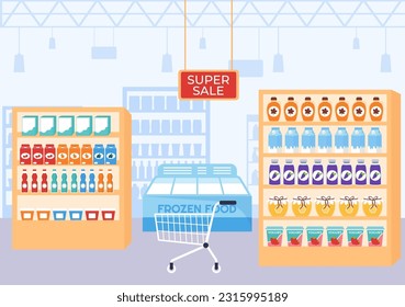 Food Grocery Store Shopping Vector Illustration with Foods Items and Products Assortiment on the Supermarket in Flat Cartoon Hand Drawn Templates