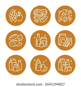 Food group icons fruits proteins dairy. Icon symbol illustration