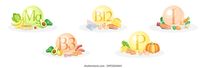 Food Group and Vitamin Category of Macro and Micronutrient Vector Set