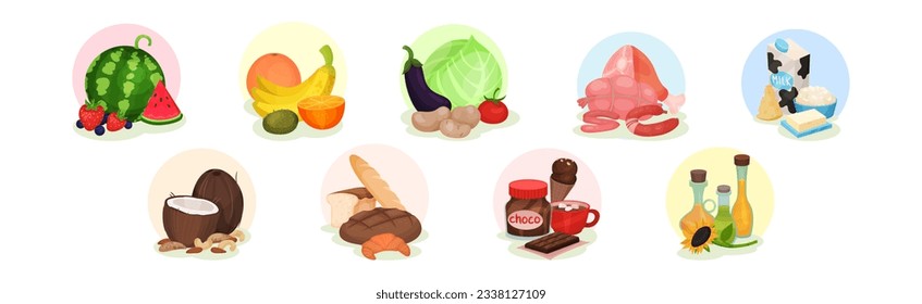 Lebensmittelgruppen mit Milchprodukten, Fleisch, Brot, Obst, Gemüse und Nuts in Circle Vector Set