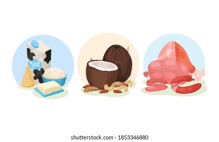 Food Groups with Dairy Product and Nuts in Circle Vector Set