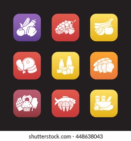 Food groups flat design icons set. Grocery store product categories. Vegetables, berries, fruit, meat, dairy, bread, confectionery, seafood, spices. Web application interface. Vector