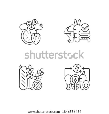 Food groups linear icons set. Vitamin and mineral. Dietary supplement. Energy value in food. Gluten free. Customizable thin line contour symbols. Isolated vector outline illustrations. Editable stroke