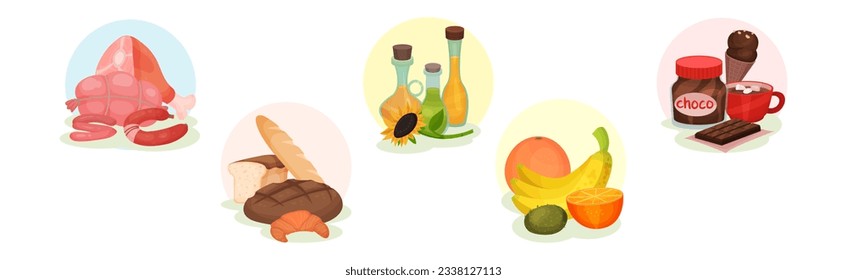 Food Groups with Meat, Bread, Fat, Fruit and Sweets in Circle Vector Set