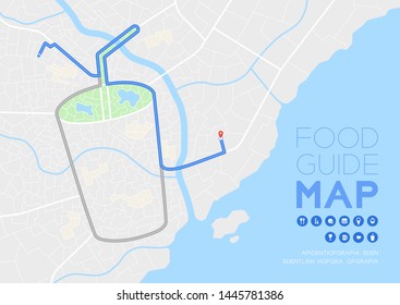 Food guide direction map travel with icon concept, Road drink glass with straw shape design in daytime mode illustration isolated on grey background with copy space, vector eps 10