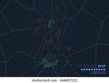 Food guide map travel with icon concept, Road Spoon and fork shape design in nighttime mode illustration isolated on grey background with copy space, vector eps 10