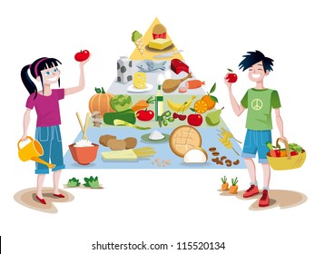 A food guide pyramid of healthy foods divided into sections to show the recommended intake for each food group. In front of the pyramid a boy and a girl smiling with some vegetables in their hands.