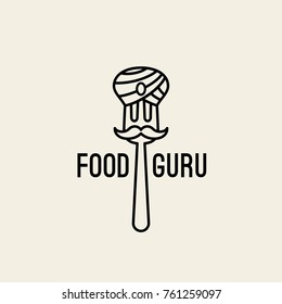 Food guru logo template design with a fork in outline style. Vector illustration.