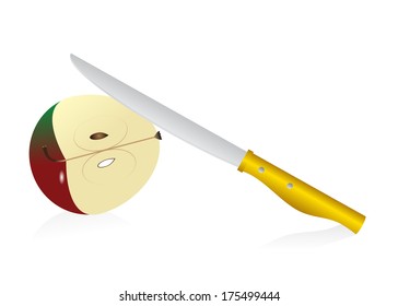 Food. A half of apple and knife with the gold handle on a white background.