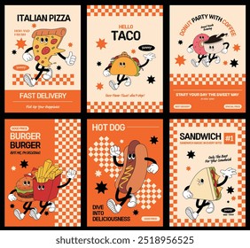 Food, Hamburger, Pizza, Fast food, French fries, Egg, Breakfast, Sandwich, Donut, Sweet, Salty, Sausage, Coffee, Cup, Cola, Can, Beverage, Taco, Vegetable, Bread, Character, Cute, Comic, Cartoon, Hand