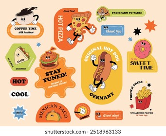 Food, Hamburger, Pizza, Fast food, French fries, Egg, Breakfast, Sandwich, Donut, Sweet, Salty, Sausage, Coffee, Cup, Cola, Can, Beverage, Taco, Vegetable, Bread, Character, Cute, Comic, Cartoon, Hand