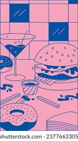 Food with hamburger and sauce with fries, cocktail, and donut. Vector illustration. Minimalistic, simple and basic poster. Warm pastel shades of pink and blue for art decorations, print for decoration