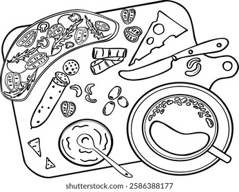 Food hand drawing in doodle style. Tea time with sandwich, charcuterie, cheese, olive, jam, nuts and vegetables. All items on the board. 