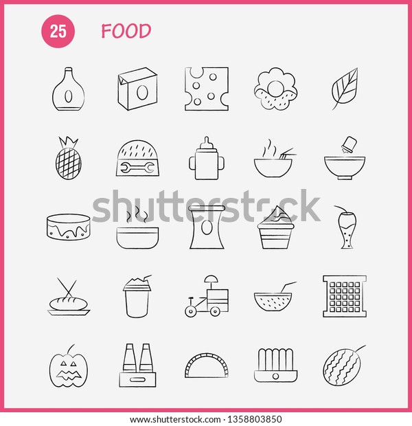 Food  Hand Drawn Icons Set For Infographics,\
Mobile UX/UI Kit And Print Design. Include: Fruit, Water Melon,\
Food, Meal, Fruit, Juice, Food, Collection Modern Infographic Logo\
and Pictogram. - Vector