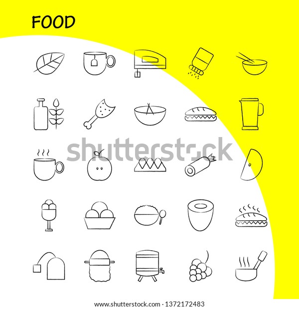 Food  Hand Drawn Icons Set For Infographics,\
Mobile UX/UI Kit And Print Design. Include: Pot, Cooking, Food,\
Meal, Kettle, Tea, Food, Meal, Collection Modern Infographic Logo\
and Pictogram. - Vector
