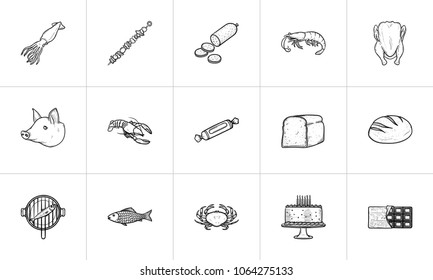 Food hand drawn outline doodle icon set for print, web, mobile and infographics. Food vector sketch illustration set isolated on white background.