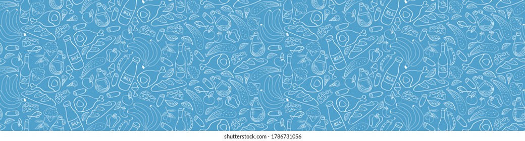 Food hand drawn seamless banner. Cooking ingredients on blue background. Vector illustration.