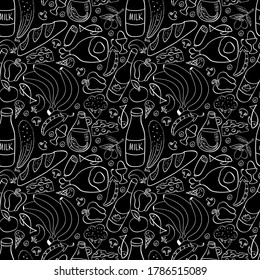 Food hand drawn seamless pattern. Outline cooking ingredients on black background. Vector illustration.
