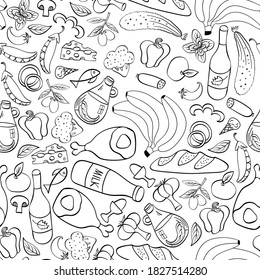 Food hand drawn seamless pattern. Restaurant and cafe background. Vector illustration.