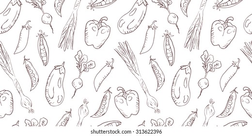 Food hand drawn vector banner. Isolated vegetable on white background seamless pattern. Abstract ink brush painted artistic illustration. Design element for card, print, template, wallpaper, texture 