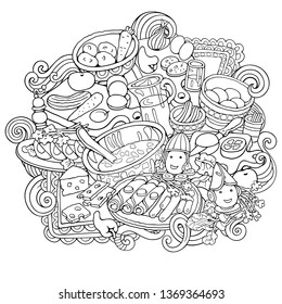 Food hand drawn vector doodles illustration. different dishes elements and objects cartoon background. funny picture