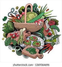 Food hand drawn vector doodles illustration. Vegetables elements and objects cartoon background. Bright colors funny picture