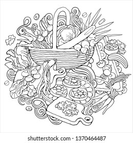 Food hand drawn vector doodles illustration. Vegetables elements and objects cartoon background. Contour funny picture