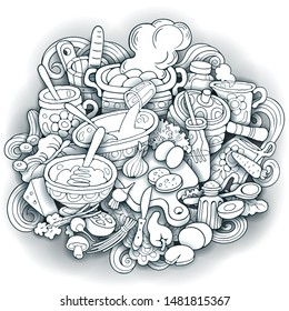 Food hand drawn vector doodles illustration. different dishes elements and objects cartoon background. funny picture