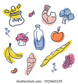 Food hand drawn vector illustration.  Cooking courses poster concept with copyspace. Chips, milk, ice cream, cake, bananas, shrimp, baguette, broccoli, apple, vector fill. 