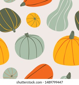 Food hand drawn vector seamless pattern  Stylized colorful pumpkins light background  Cartoon Vegetables for wrapping paper  textile  background design for kitchen