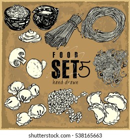 food hand drown vector illustration stock sketch set spaghetti, macaroni, noodles, pasta