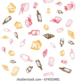 Food hand-drawn sketch line icons seamless pattern on white background. Vector illustrations