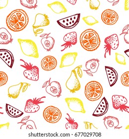 Food hand-drawn sketch line icons seamless pattern with fruit, apple, pear, lemon, orange, watermelon on white background. Vector illustrations