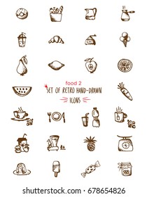 Food hand-drawn sketch line icons. Fruits and drinks Vector illustrations