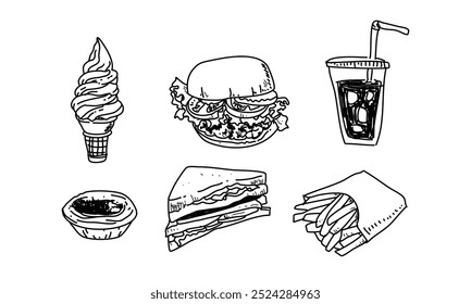 Food in Hand-drawn style set, Hamburger, sandwich, water, egg tart, ice cream, French fries, Drawing of food for design menu poster label packaging . icons vector illustration