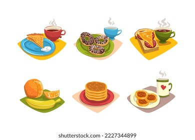 Food for healthy breakfast set. Sandwich, fruit, donut, pancakes, coffee and tea cups cartoon vector illustration