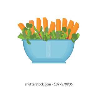 Food, Healthy Eating. Carrot Sticks In A Salad Bowl, Decorated With Microgreens And Fresh Lettuce Leaves. Multi-colored Image. Close-up. Design Element. Vector Illustration.