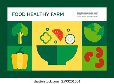 Food healthy farm. Abstract vegetables. Salad bowl. Green cabbage. Fresh pepper and broccoli. Organic pea beans. Tomato and cucumber. Geometric agriculture card. Vegan product. Vector Bauhaus banner