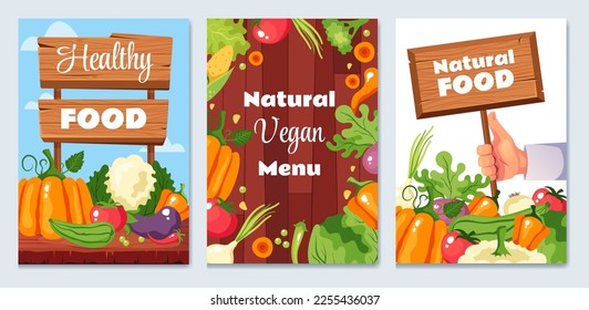 Food healthy farm market fruit vegetable vegetarian organic menu poster set. Vector cartoon graphic design element illustration