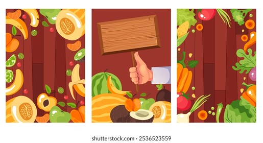 Food healthy farm market fruit vegetable vegetarian organic menu poster set. Vector cartoon graphic design element illustration