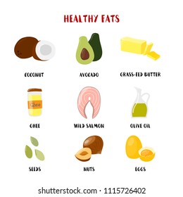 Food with Healthy fats and oils icons set isolated on white. Vector cartoon style illustration