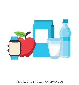 food and healthy life and milk water flask watch apple glass of milk symbols vector illustration graphic design